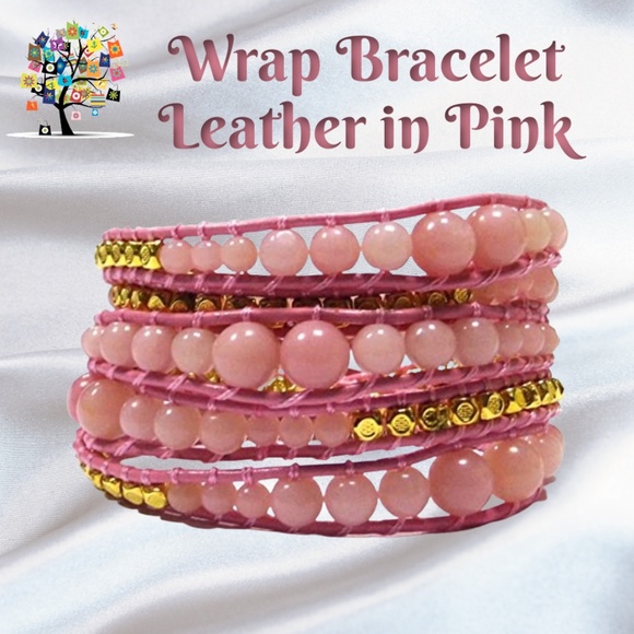 Dragonfly Spirit Designs Jewelry - Beaded Wrap Bracelet Leather in Pink and Gold Tone Nugget Accents
